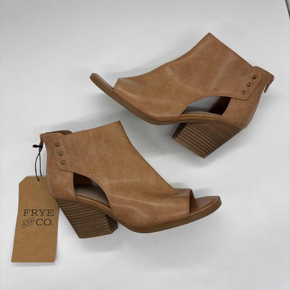 NEW Frye and Co Greyson Open‎ Toe Cutout Block Heel Booties Size 9 Tan